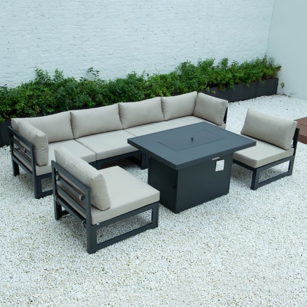 Leisuremod Chelsea 7 Piece Patio, Outdoor Sectional With Fire Pit Clearances